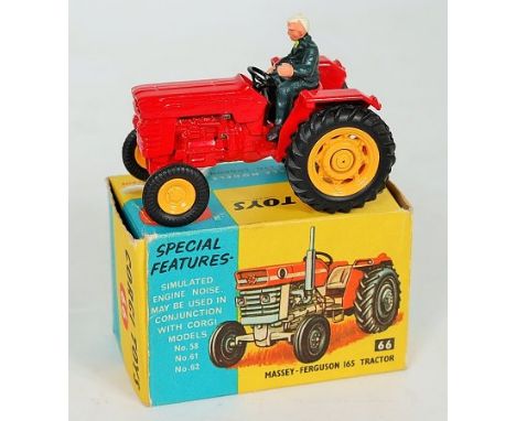 Corgi Toys, 66 Massey Ferguson 165 tractor, repainted red with yellow hubs, in the original blue and yellow all-card box, wit