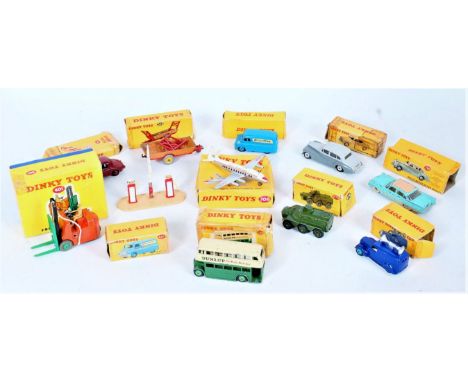 11 various play worn and boxed Dinky Toys diecasts, all boxes with damage, examples to include No.401 Coventry Climax Fork Li