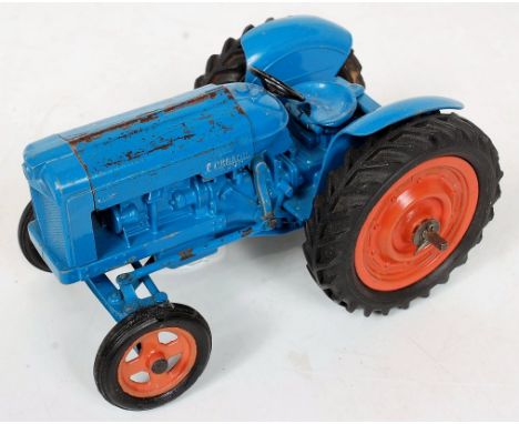 Chad Valley, Diecast Fordson Major tractor, large scale, blue body, orange wheels with rubber tyres, engine covers attached, 