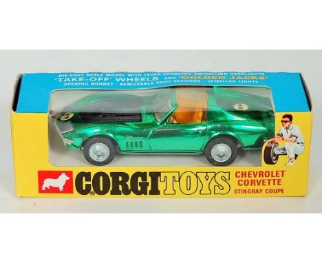 Corgi Toys, 300 Chevrolet Corvette Stingray with golden jacks and take-off wheels, in metallic green with black bonnet, with 