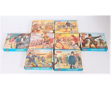 An Airfix H0/00 scale boxed figure group, eight boxed as issued examples to include Indians, Romans, Civilians, Cowboys, Robi