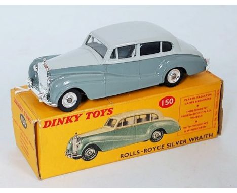 Dinky Toys, 150 Rolls Royce Silver Wraith with light grey upper body and dark grey lower, in the original yellow and red pict