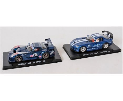 Fly Models Slot Car Cased Group, 2 boxed examples, to include Ref A22 Marcos 600 LM Azul 1995, and a Ref A2 Dodge Viper GTS-R