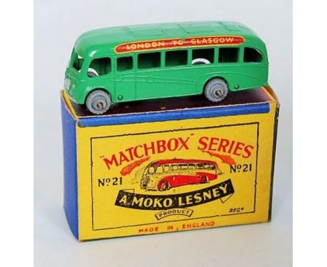 Matchbox 1-75 Series No.21A Bedford Duple Luxury Coach "London to Glasgow", light green, silver trim, metal wheels, in the or