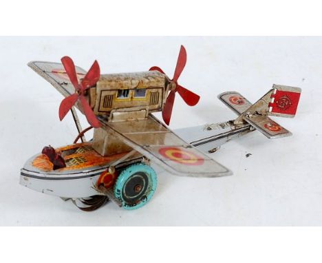 Paya Tinplate and clockwork model of a Avion Maritime Seplane, with wheels, overwing pusher and puller engine, one pilot (FG)