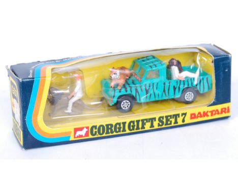 Corgi Toys Gift Set 7, Daktari set, comprising of Land Rover in green and black Zebra Stripe, 5 figures, in the original blac