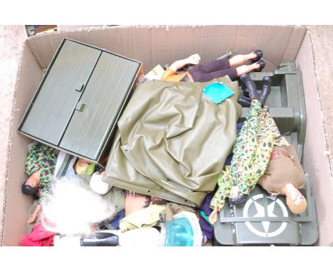 Two boxes of Action Man by Pallitoy and Cherilea loose action figures, vehicles, and various costumes to include four various