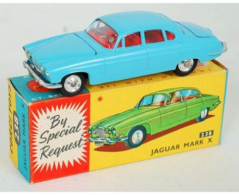 Corgi Toys, 238, Jaguar Mark X, light blue body with red interior, jewelled headlights with spun hubs and silver detailing, t