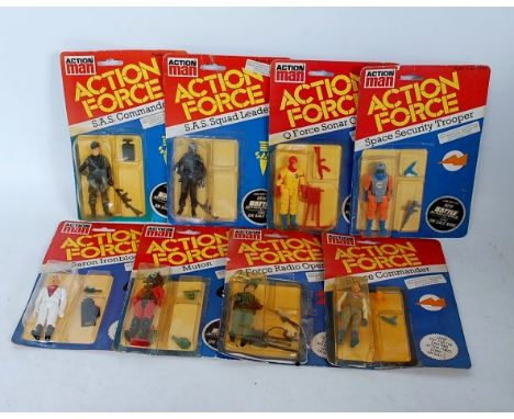 Action Force "Action Man" Carded Figure Group, 8 examples, all sealed on backing card, some windows slightly crushed, to incl