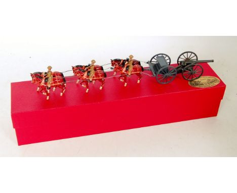 Britains Repainted Artillery Gun Team of 6 Horses with riders, riders in shrapnel helmets, limber and Britains artillery gun,