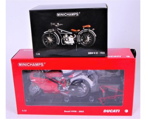 Minichamps 1/12th and 1/18th scale Motorcycle Group, 2 examples, to include BMW R32 1923, and a Ducati 999R 2005 (Both NM-BVG