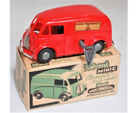 Triang Minic, post war clockwork 10CWT Morris Commercial Delivery Van, red plastic body with cash hubs, with key in the origi