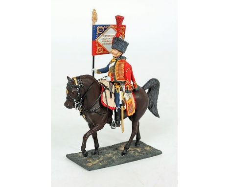 JV Rakov 1:32 scale white metal mounted French? Hussar standard bearer, Standard marked Valeur et Discipline, 1 Escadron fine