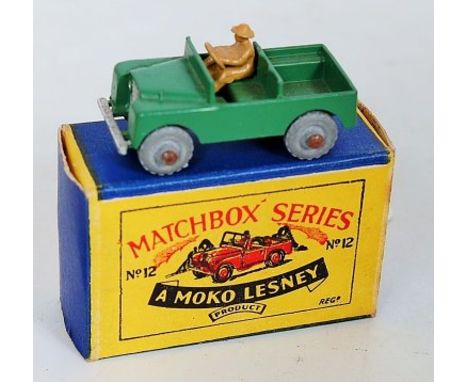 Matchbox 1-75 Series, No.12A Land Rover, green body, light tan figure driver, silver trim, metal wheels with crimped axles, i