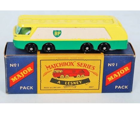 Matchbox Major Pack M-1 BP Petrol Tanker, green and yellow body with BP transfers, black plastic wheels, in the original all 