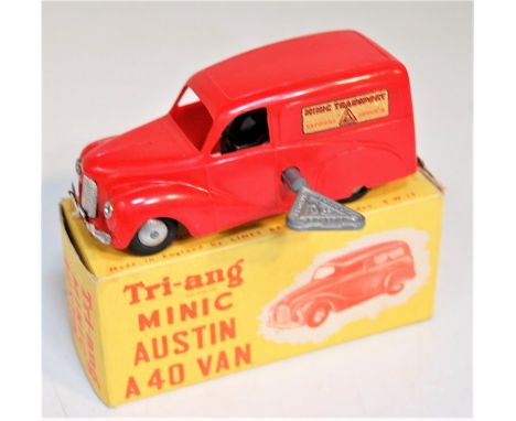 Triang Minic Post War, Austin A40 Delivery Van, red plastic body with spun hubs, Minic Transport Livery, with key, in the ori