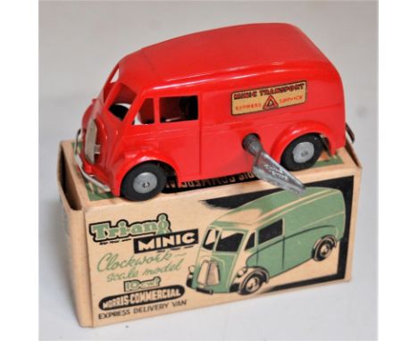 Triang Minic Post War, Morris Commercial 10 CWT Van, red plastic body with cast hubs, clockwork with original key, in the ori