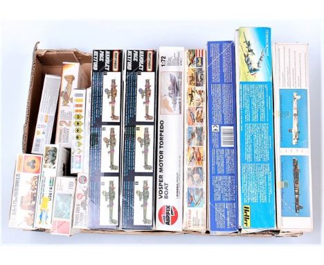 Heller, Airfix, Revell, Matchbox and other mixed scale military aircraft and personnel kit group, all appear as issued, 15 ex