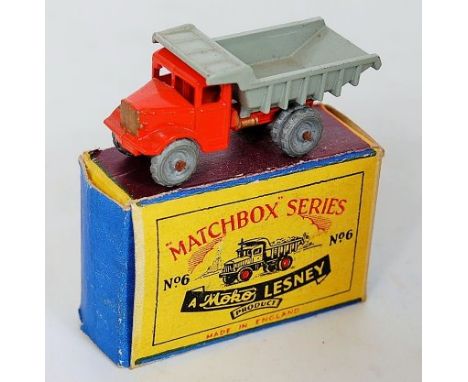 Matchbox 1-75 Series No.6A Quarry Truck, orange cab and chassis, light grey tipper, gold trim, metal wheels, in the original 