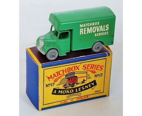Matchbox 1-75 Series No.17A Bedford "Matchbox Removals Service" Van - light green, silver trim, metal wheels with crimped axl