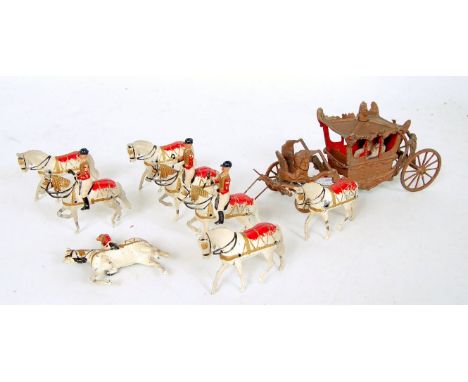 Britains C1937 No.1470 Royal State Coach with figures King George V and Queen, 4 horses with grooms and 4 riderless horses, t