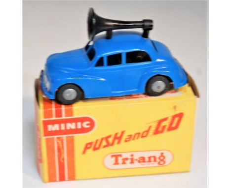 Triang Minic, Post War Morris Minor Loudspeaker Van, blue plastic body with black speaker, cast hubs, in the original all car