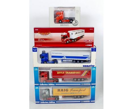 Five various 1/50th scale boxed heavy haulage road transport vehicles to include Universal Hobbies, Corgi, and Accurate Dieca