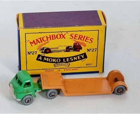 Matchbox 1-75 Series, No.27A Bedford Low Loader, light green cab with silver trim, tan trailer, metal wheels, in the original