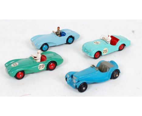 Dinky Toys Loose Saloon Group, 4 examples, to include No.104 Aston Martin DB3 with driver, light blue body with dark blue hub