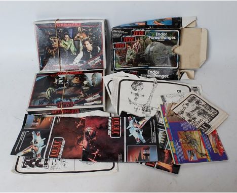 Two boxes of mixed Star Wars, Kenner action figures, and accessories to include Radar Lazer Cannon, one man sail skiff, Endor