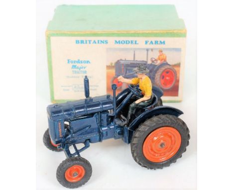 Britains, 128F, Fordson Major tractor with driver, dark blue body, orange wheels and black rubber tyres, with driver, in orig