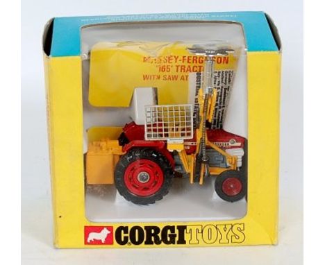 Corgi Toys, 73 Massey Ferguson tractor and saw, red and white body with grey engine, red hubs, with yellow saw attachment, in