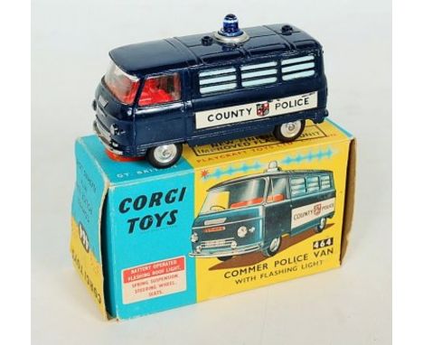 Corgi Toys, 464, Commer Police Van, dark blue body, blue roof light, barred windows, County Police Transfers to sides, red in