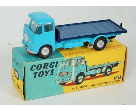 Corgi Toys, 457 ERF 44G platform lorry, light blue cab and chassis with dark blue back, flat spun hubs, in the original blue 