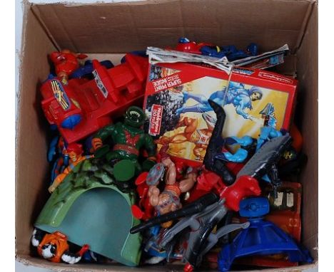 Two boxes containing a collection of various Masters of the Universe, He-Man Thunder Cats, and similar 1980s action figures a
