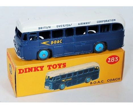 Dinky Toys, 283 BOAC coach, dark blue body with white roof and light blue hubs, BOAC related livery, in all card yellow pictu