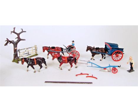 3 early post war lead farm models in green boxes (white labels) 4F Tumbrel dark grey (no carter), 8F horse rake, grey with dr