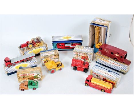 9 various boxed and play worn Dinky Toy diecasts, all boxes A/F-F, examples to include 905 Foden Flat Truck, missing chains, 