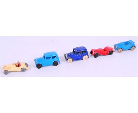 A small scale Dinky Toy and Lesney loose playworn group to include; 35D Austin 7 car in light blue (G), No.35C MG Sports car,