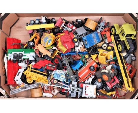 A tray of mixed playworn and loose mainly Britains and Corgi farming diecast and plastic figures to include Britains MB track