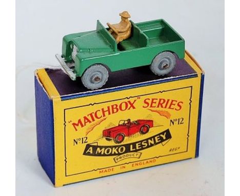 Matchbox 1-75 Series, No.12A Land Rover, green body, light tan figure driver, silver trim, metal wheels with crimped axles, i