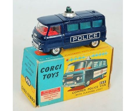 Corgi Toys, 464, Commer Police Van, dark blue body, blue roof light, un-barred windows, white police cast into sides, red int