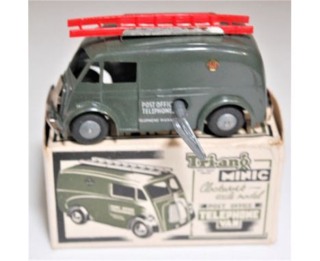 Triang Minic, Post War Post Office Telephone Van, green plastic body with red roof ladder, cast hubs, with original key, in t