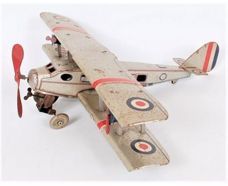 Mettoy, 1930s issue RAF bi-plane comprising of large tinplate bi-plane to measure 50cm length and 54cm wingspan, with operabl