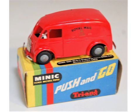 Triang Minic, Post War Friction Drive Royal Mail Van, red plastic body with cast hubs, in the original all card box, some rus