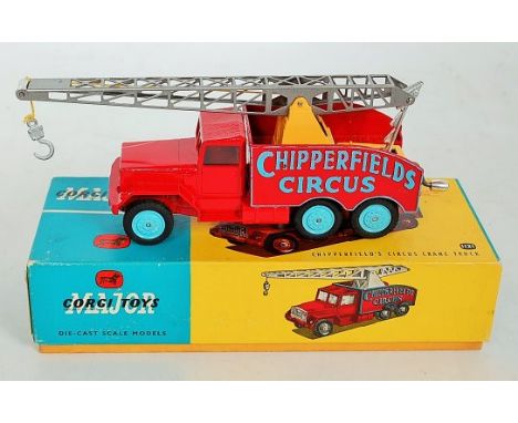 Corgi toys, 1121 Chipperfields circus crane truck, red body with light blue logo and wheels, operable chrome jib with hook, i