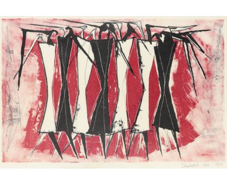 ‡Lynn Chadwick CBE, RA (1914-2003) Group of standing figures Signed, dated and numbered Chadwick 1952 15/50 in pencil to marg