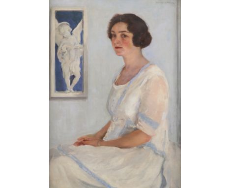 ‡Leonard John Fuller (1891-1973) Portrait of Mrs Tom Mostyn, seated and wearing a blue-trimmed white dress Signed LEONARD J.F