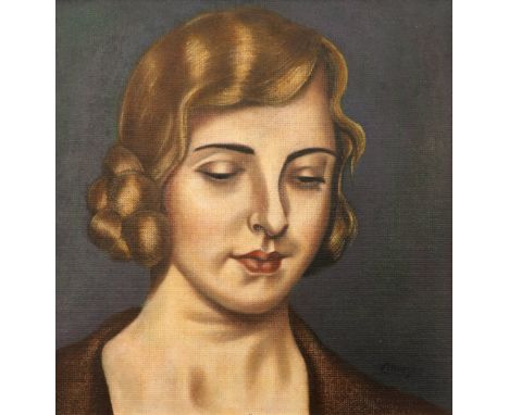 ‡Adrian Allinson ROI (1890-1959) Portrait of a young lady, possibly Laura KnightSigned allinson (lower right) Oil on board 47