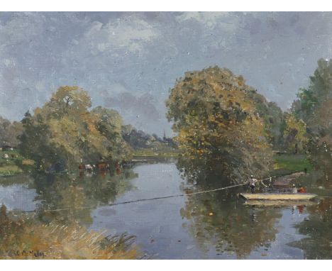 ‡Campbell Archibald Mellon (1876-1955) The Ferry at Symonds Yat (recto); River landscape with buildings on the bank (verso) S